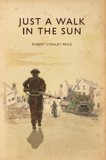 Book cover: soldier carrying a rifle walking through a village